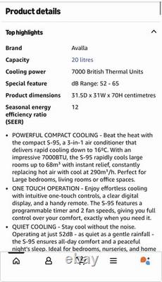 S-95 Avalla Air Conditioning Unit 3-in-1 Portable Air Conditioner 7000 BTU